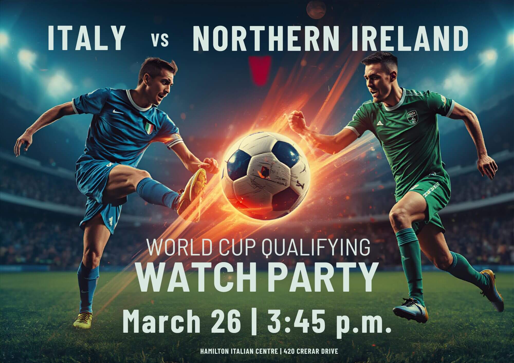 Soccer players in action, watch party announcement.