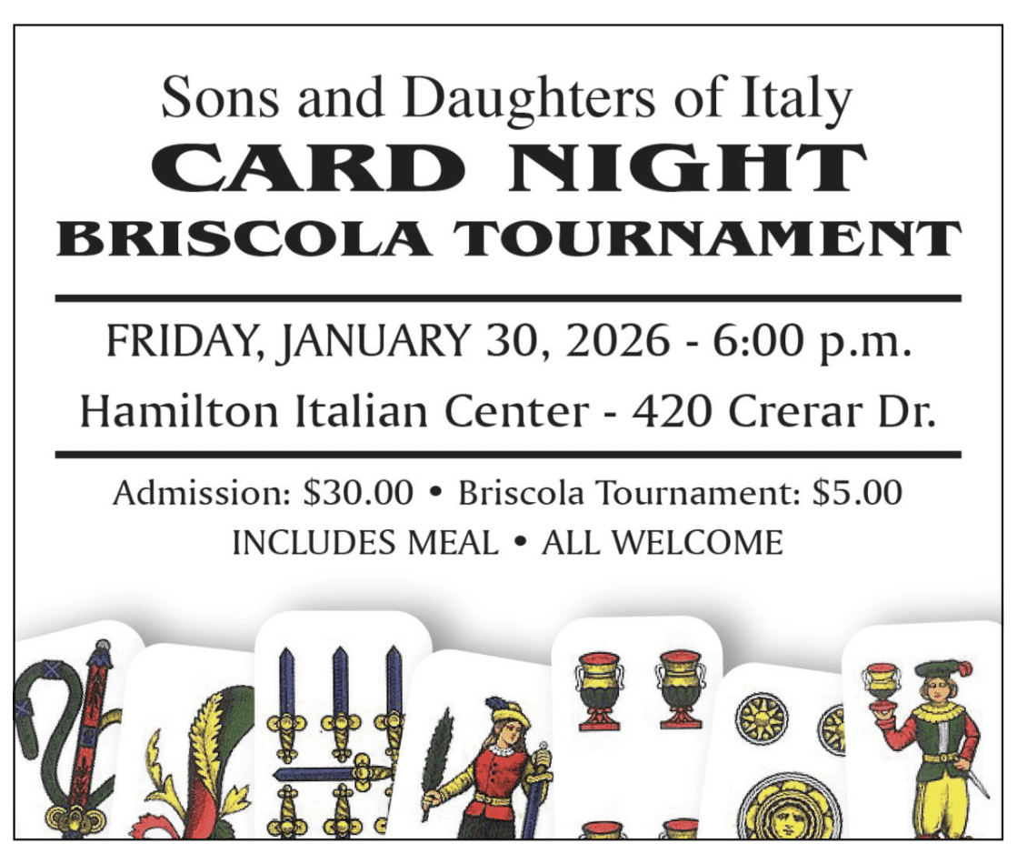 Card night event flyer with Briscola tournament.