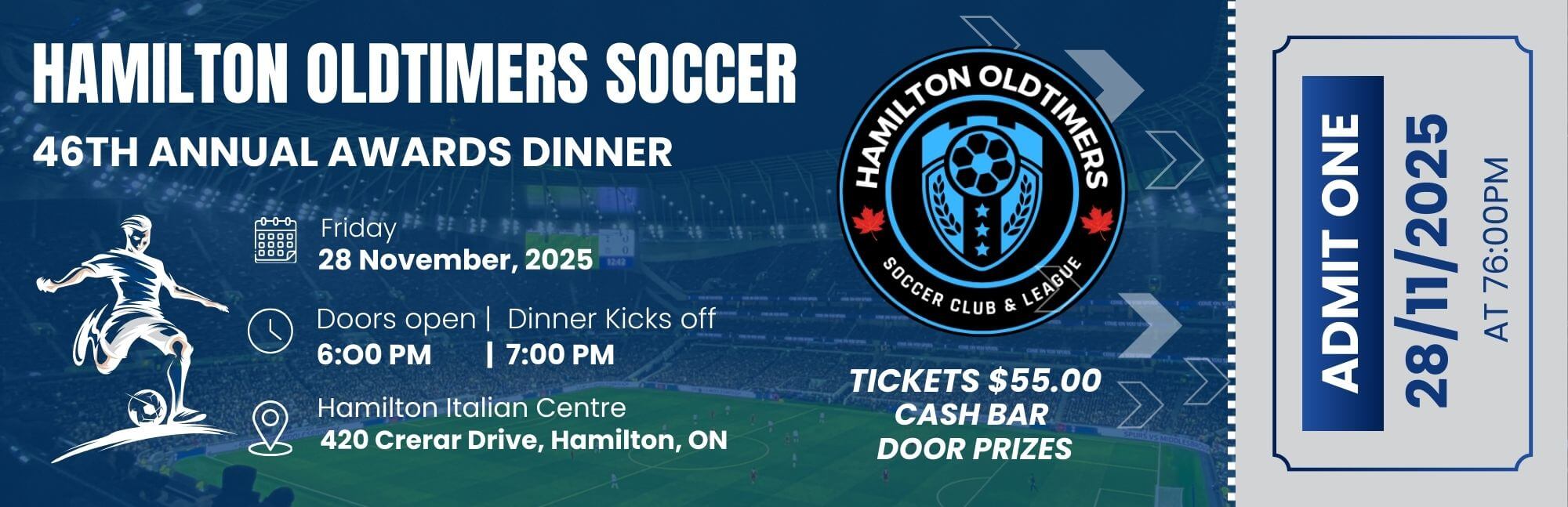 Hamilton Oldtimers Soccer Awards Dinner Ticket.