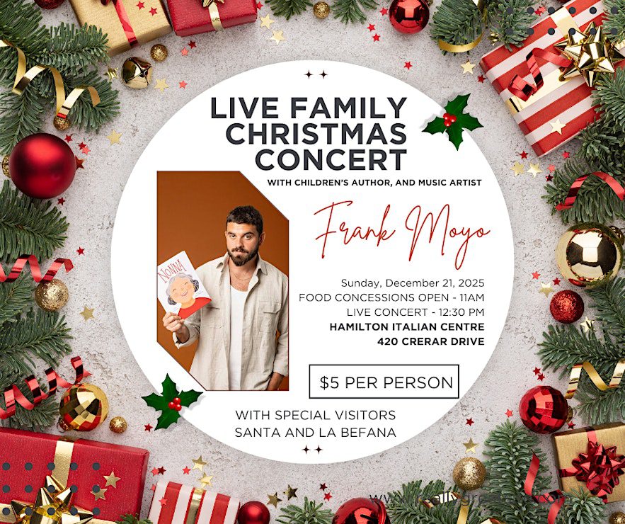Live Family Christmas Concert featuring Frank Moya, Dec 8, 4-5 PM.
