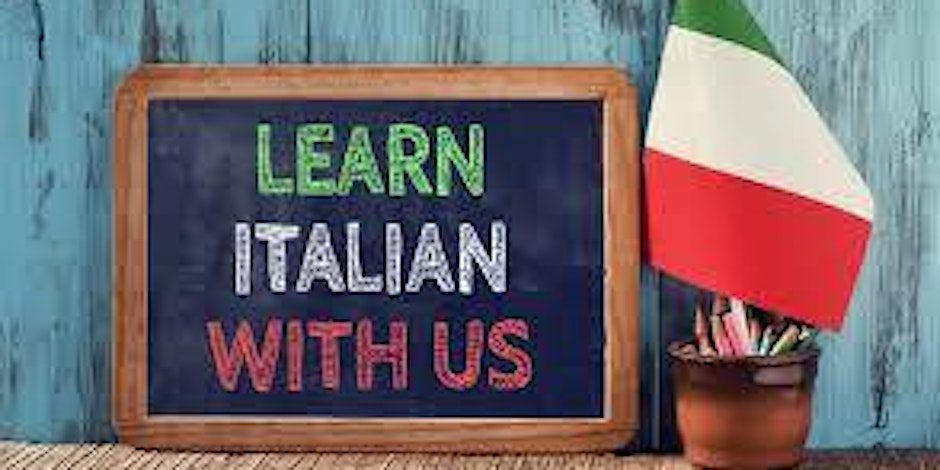 Chalkboard reading 'Learn Italian With Us' beside an Italian flag.