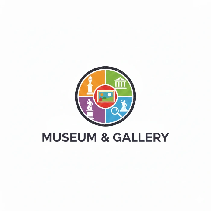 Colorful museum and gallery emblem with art and history icons.