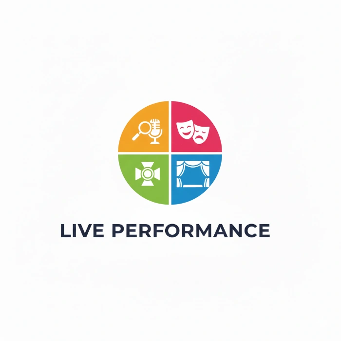 Colorful logo representing live performance arts with icons and text.