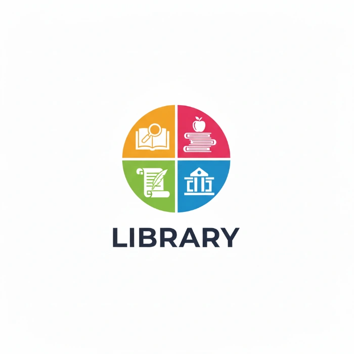 Colorful library logo with four icons representing books, reading, digital access, and institutions.