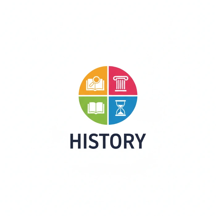 Colorful history logo with icons representing different historical themes.