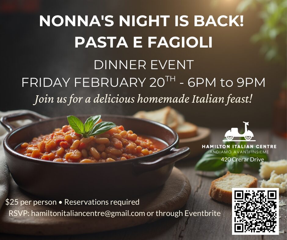 Pasta e Fagioli dinner event promotional flyer.