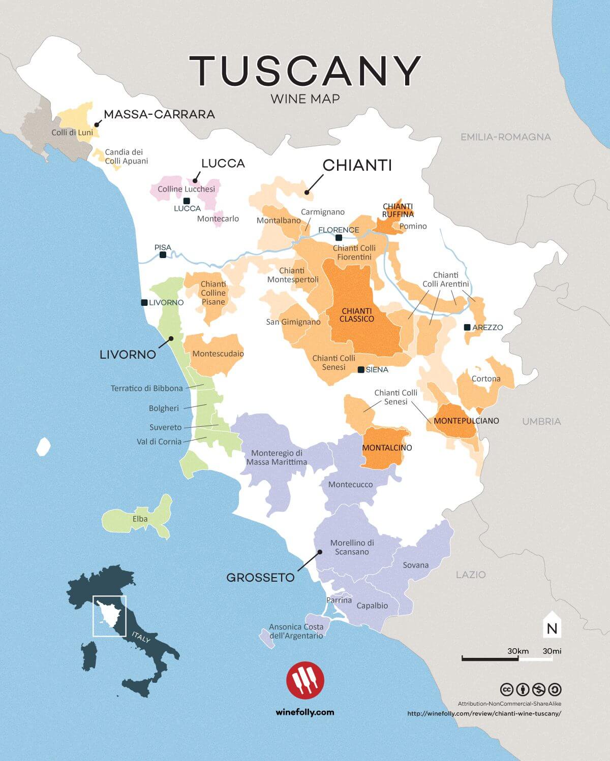 Map of Tuscany's wine regions.