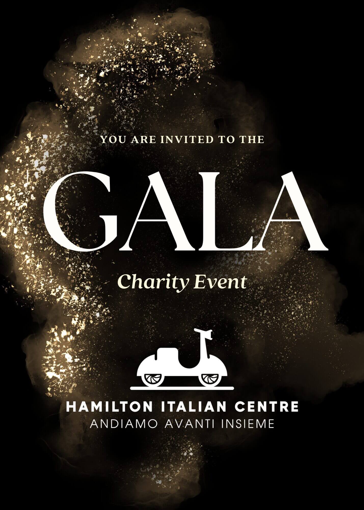 Gala charity event invitation with scooter graphic.