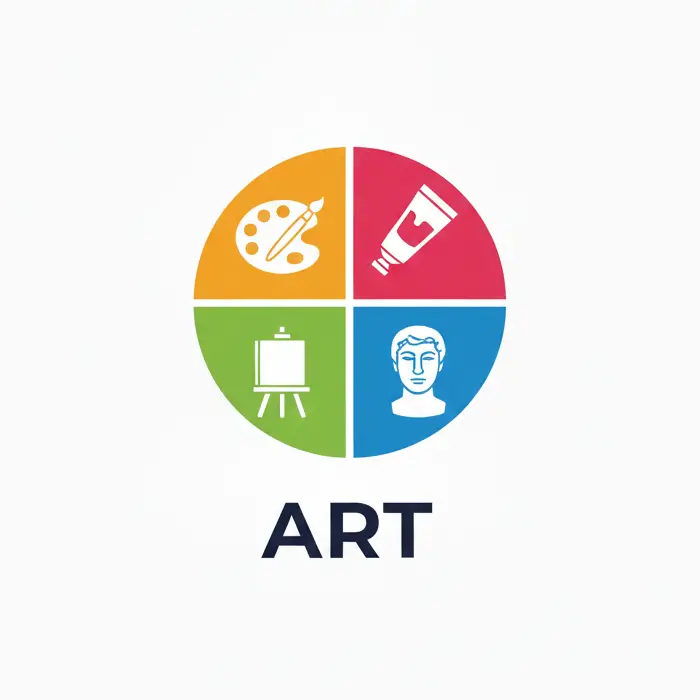 A colorful circular art logo with paint, pencil, canvas, and sculpture icons.