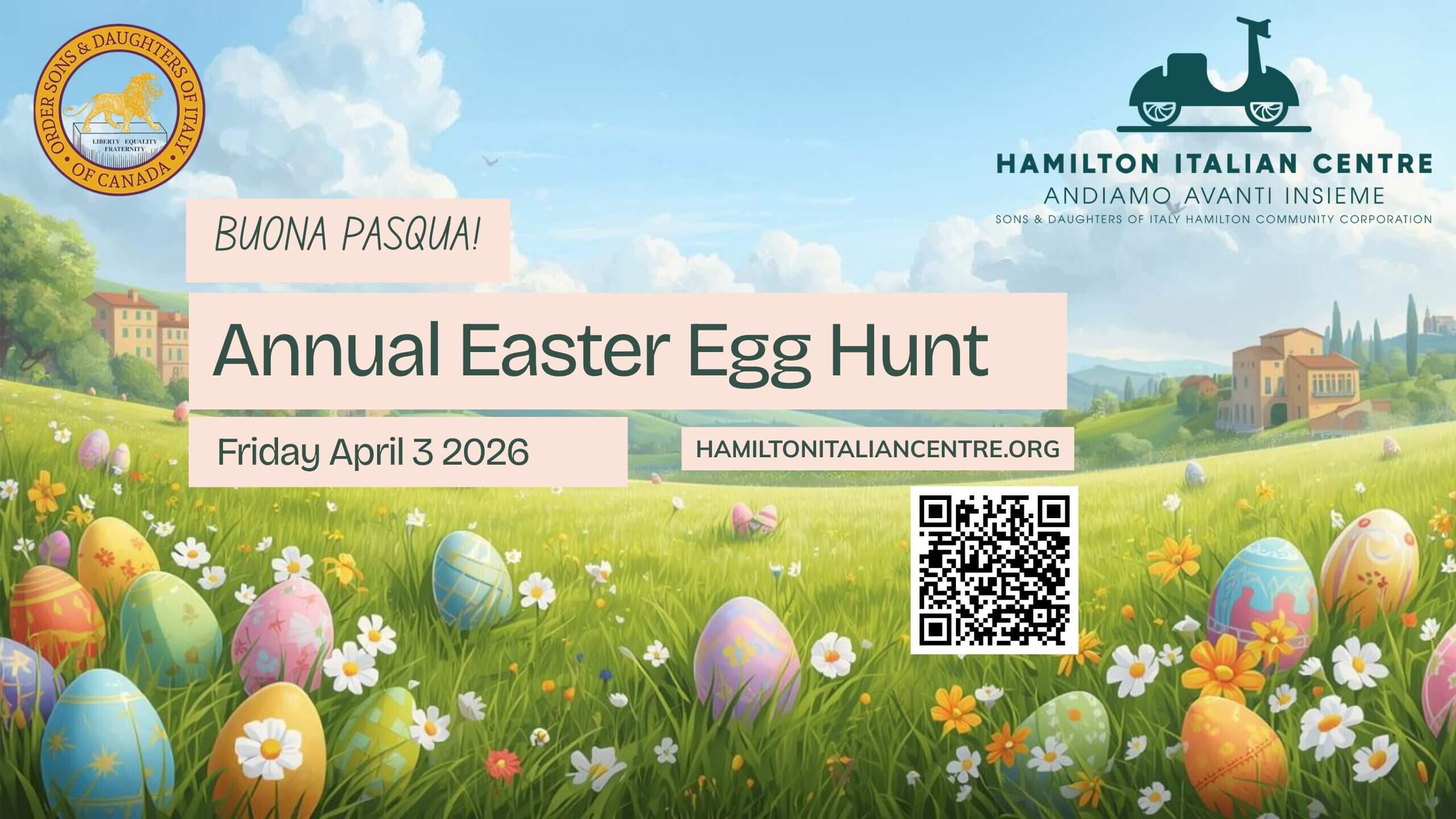 Easter egg hunt announcement with colorful eggs.