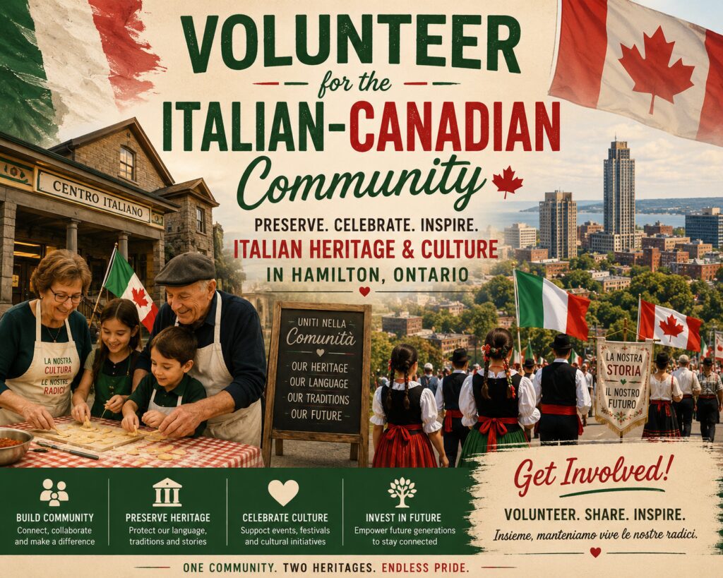 Italian-Canadian community volunteers cooking and marching